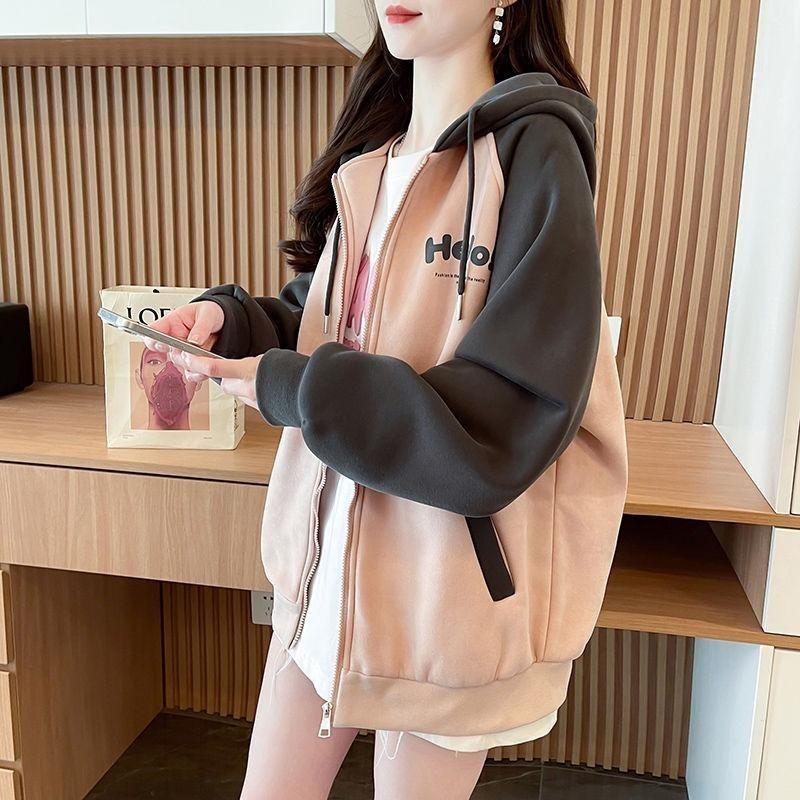 American Style Jacket for Women Autumn Outer Wear Design Contrasting Color Splicing Hooded Sweatshirt Zippered Cardigan