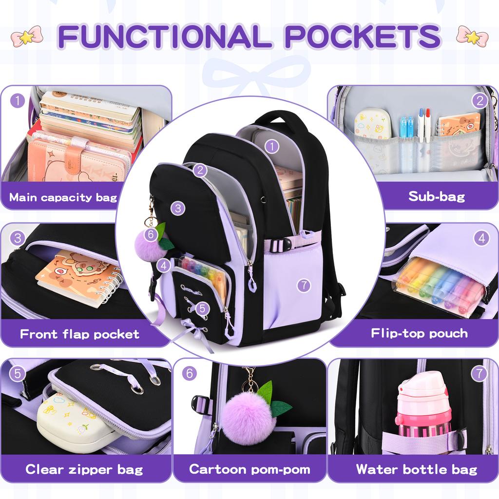 Purple Three-Piece Schoolbag For Female Junior High School Students, Large-Capacity Backpack, Lightweight Burden-Reducing Student Backpack