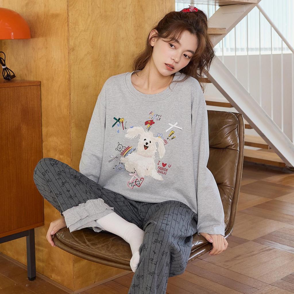 Women's Spring/Autumn Cotton Pajama Set with Built-in Bra, 2025 Model, Cute Dog Print, Indoor/Outdoor Wear
