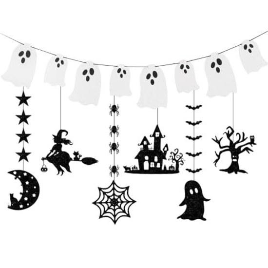 Halloween Garland 7-Piece Set Ghost Bat Spider Web Witch Moon Decoration Ornament Interior School Festival Cultural Party (A Set)