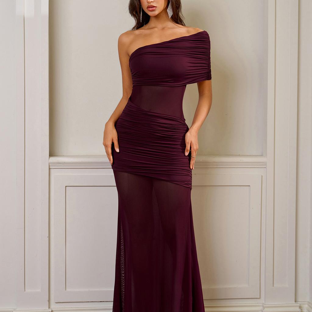 New French Mesh See-through Slanted Shoulder Dress, European and American Sexy Off-the-shoulder Pleated Slim-fitting Hip-wrapped Dress