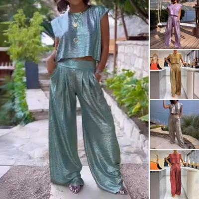 Women's Two-Piece Glossy Suits Round Neck Sleeveless Crop Top Wide Leg Pants Set Casual Loose Outfit Lounge Set