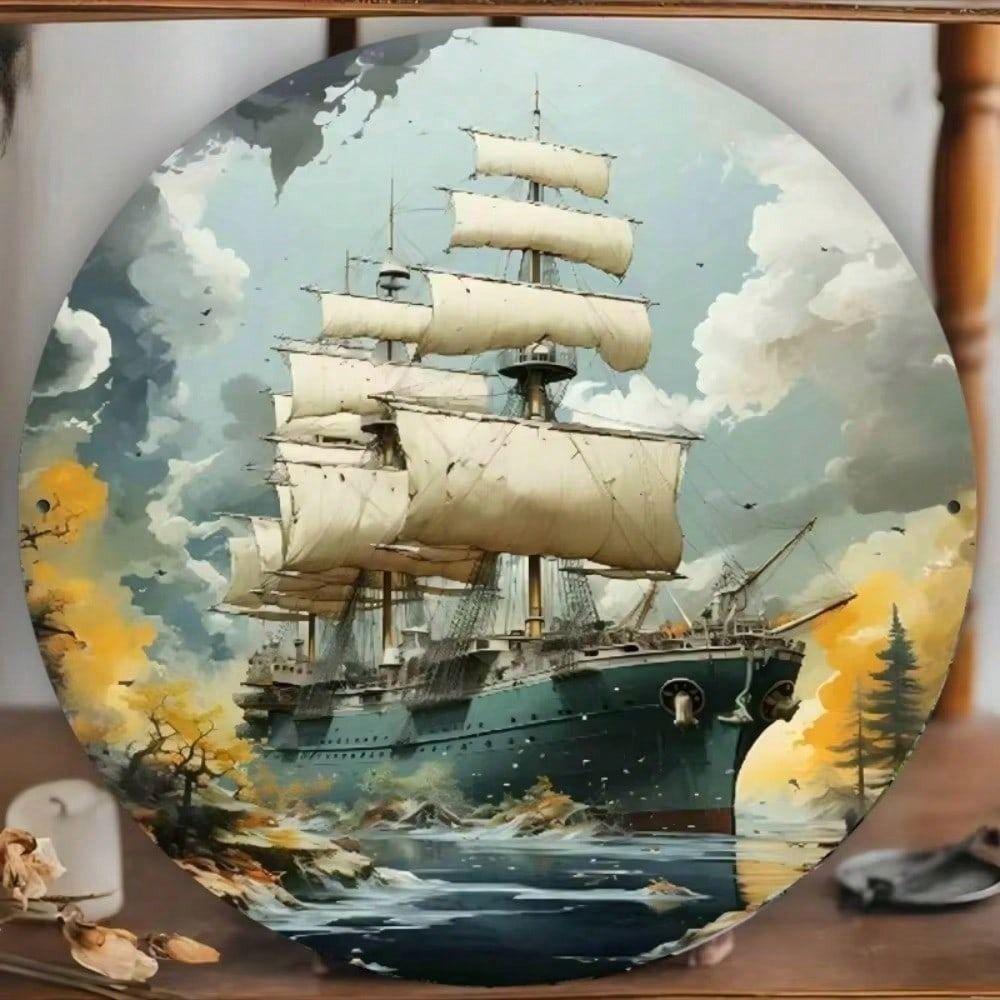 Vintage Storm Ship Metal Sign Round Nautical Wall Decor Waterproof Bar Pub Man Cave
