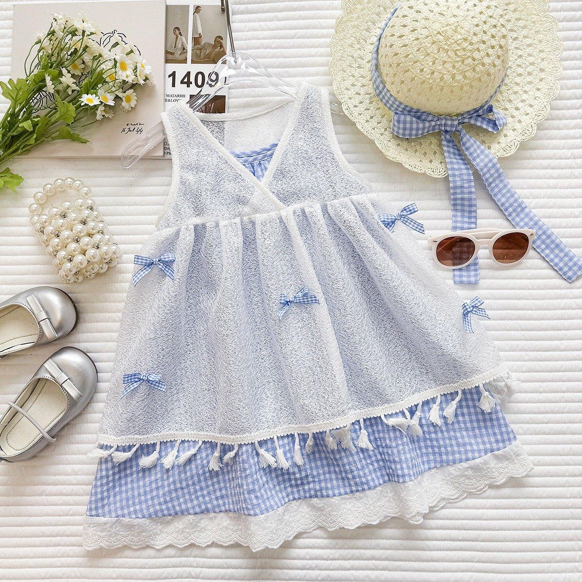 Summer Girls Plaid Cami Dress With Bow Lace Overlay Vacation Two Piece Set For Kids 90cm