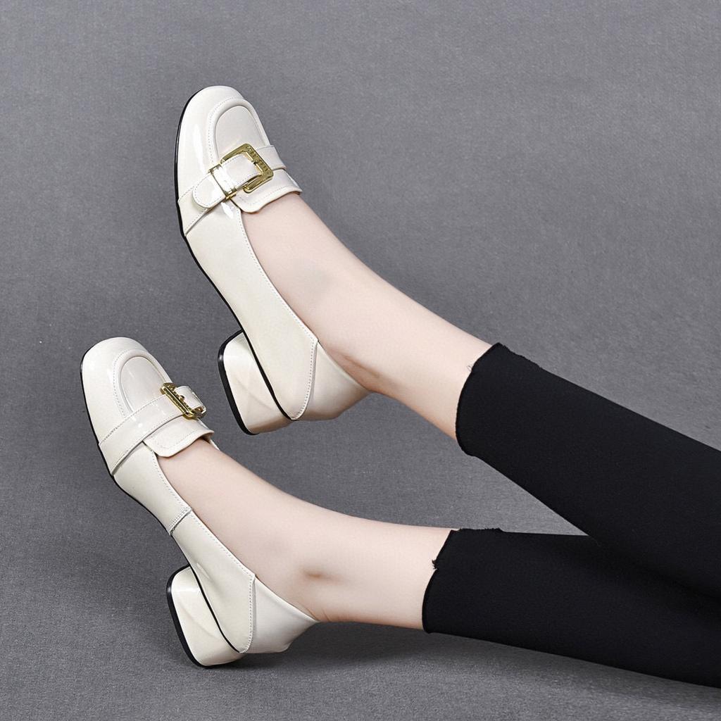 Round head shallow mouth single shoes women's shoes autumn new cow patent leather belt buckle low heel comfortable small leather shoes
