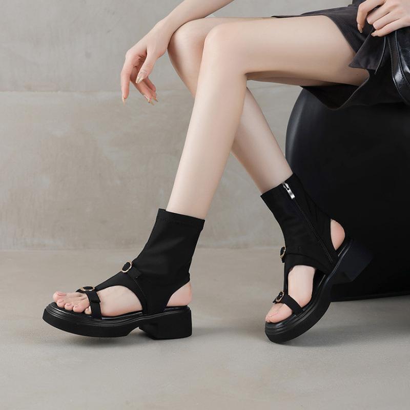 Casual Black Round Head Rubber Soft Sole Platform Sandals New Women's Roman Sandals Side Zipper Size Women's Shoes