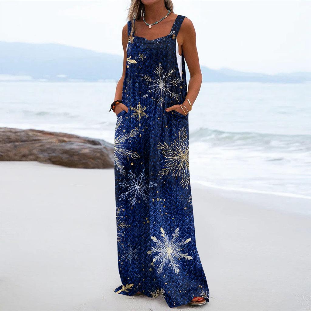 Women's Christmas Print Solid Wide Leg Strapless Tank Pocket Casual Onesie