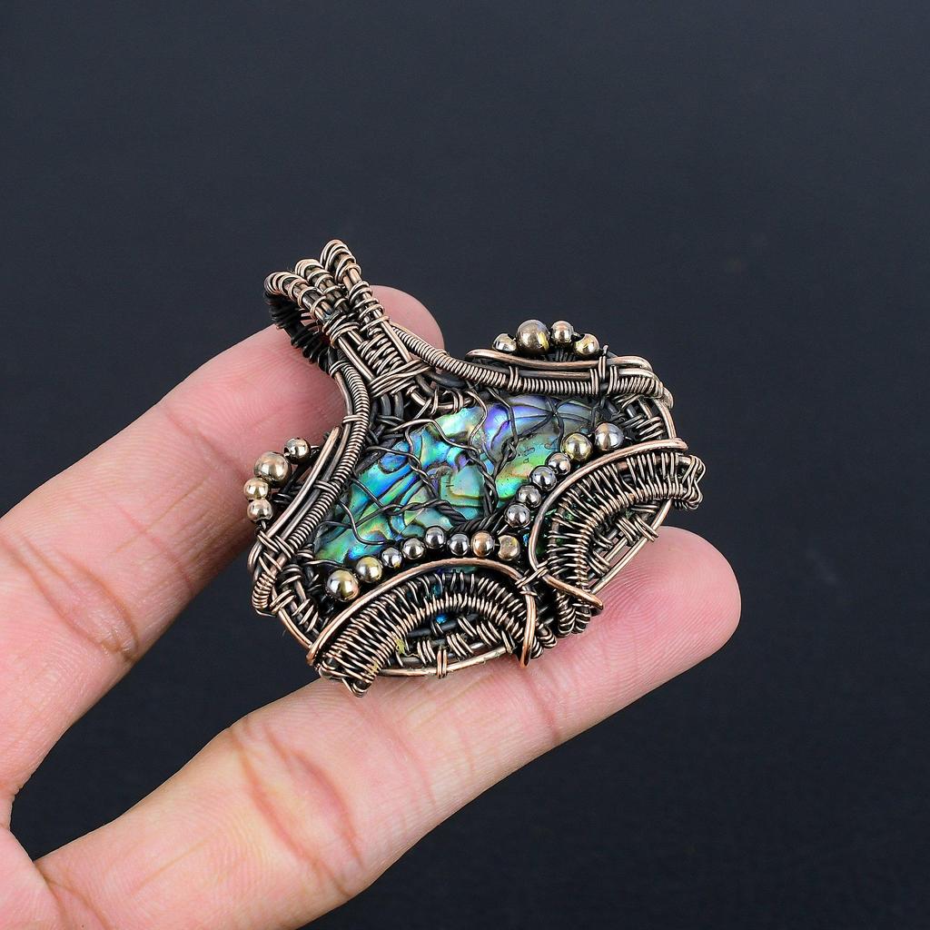 Abalone Shell 999 Copper Wire Wrapped Pendant, Handmade Gemstone Pendant Jewelry, Gifts For Wife Brand New Pendant
