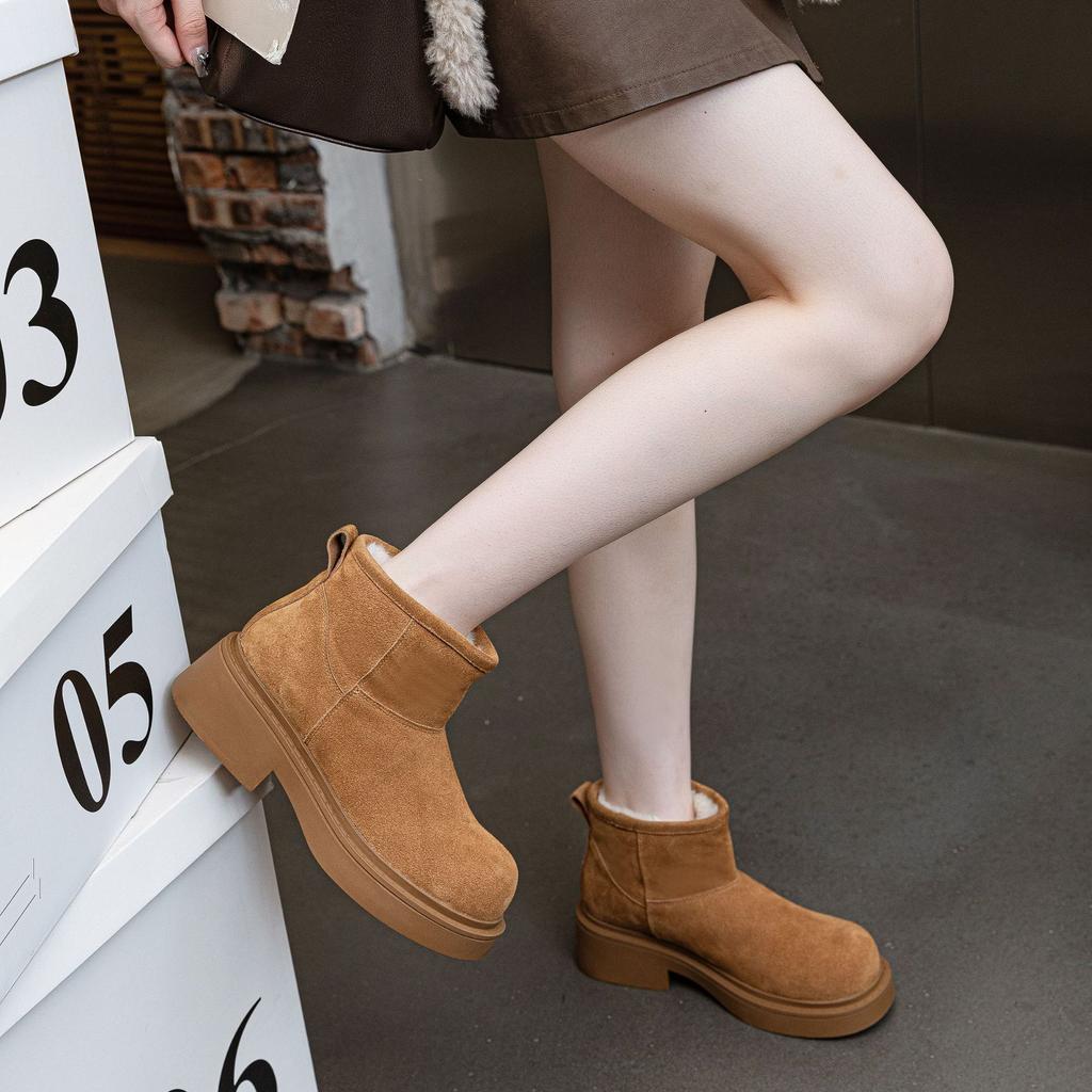 Customized Cowhide Snow Boots Women's Thick-soled Non-slip Waterproof Piled Thickened Short Boots Winter Fur Integrated Warm Cotton Shoes