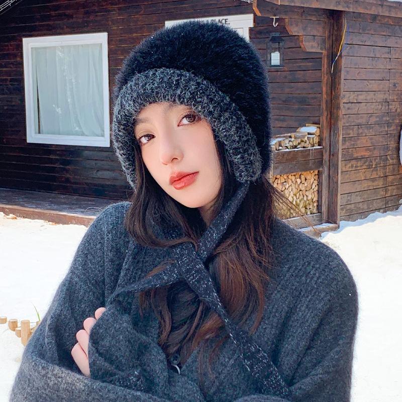 Autumn and Winter Hats for Women Windproof and Warmth Thickened Knitted Wool Hats Fashionable and Versatile Casual Big Head Ear Protection Hat