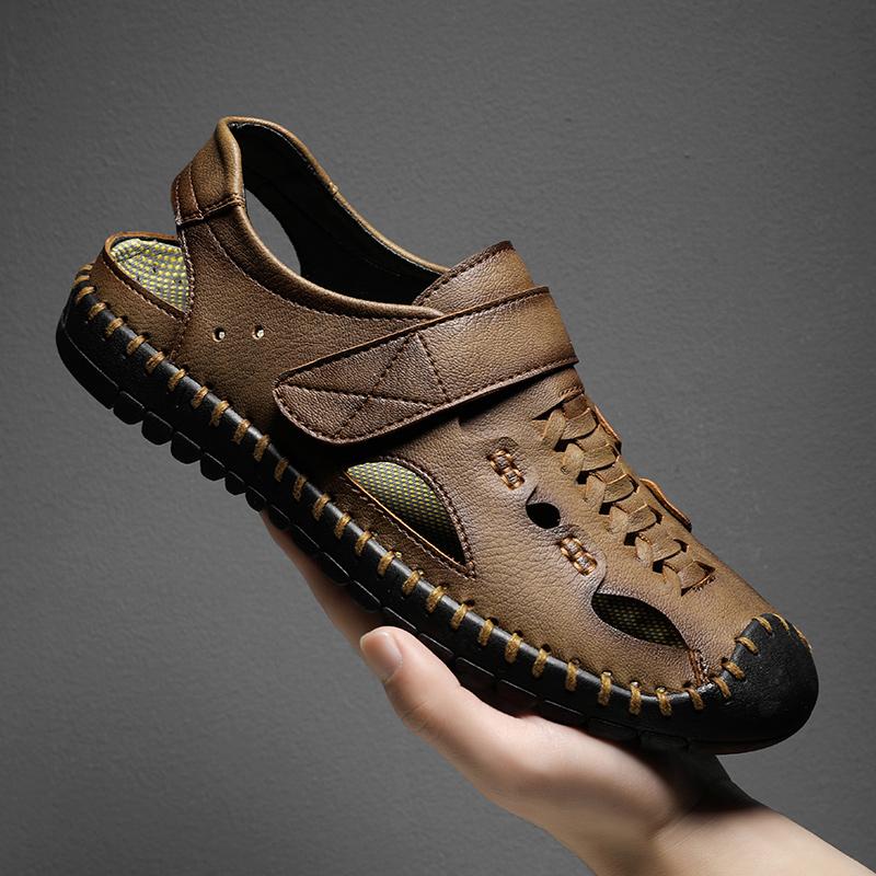 

Горячие летние тапочки Baotou, мужские удобные повседневные сандалии из натуральной кожи, нескользящие, для отдыха на пляже, двойного назначения, гладиаторские туфли 46 коричневый