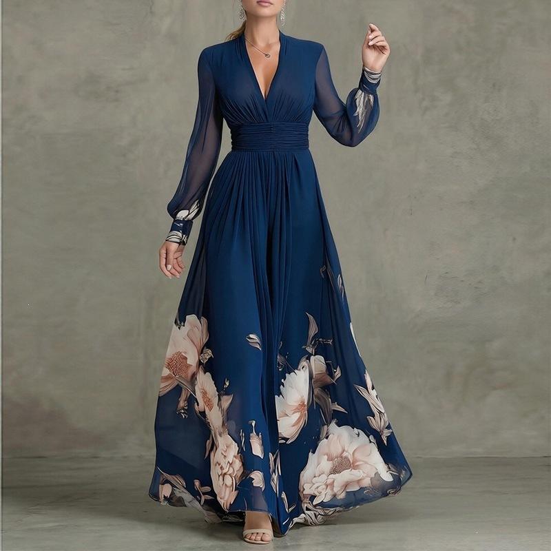 2026 Cross-border Foreign Trade Women's Clothing, New Spring Models In Europe, America, Fashionable and Elegant Printed Waist V-neck Pendulum Dress