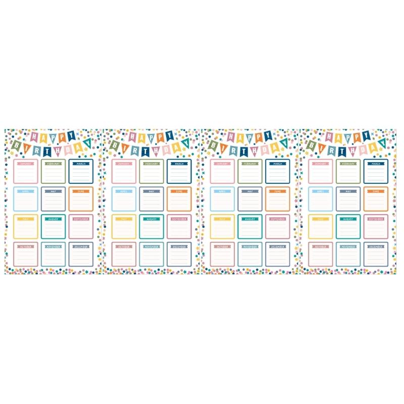 Teacher Birthday Board Poster Set, 4 Paper Classroom Charts with Monthly Name Sections for School Display and Daycare Use