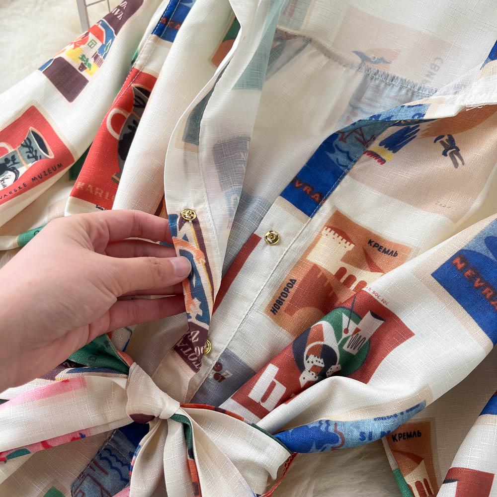 RUGOD Europe and the United States Design Sense Print Dress Women's Lace-up Waist Slimming Western-style Long-sleeved A-line Dress