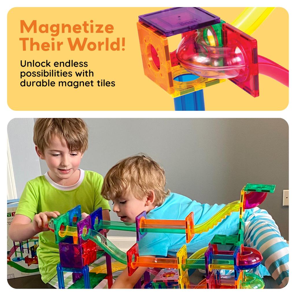 PicassoTiles Marble Run Magnetic Tiles 100 Pieces Race Track Toy STEM Building Learning Education Magnetic Building Kids Educational Kit for Boys