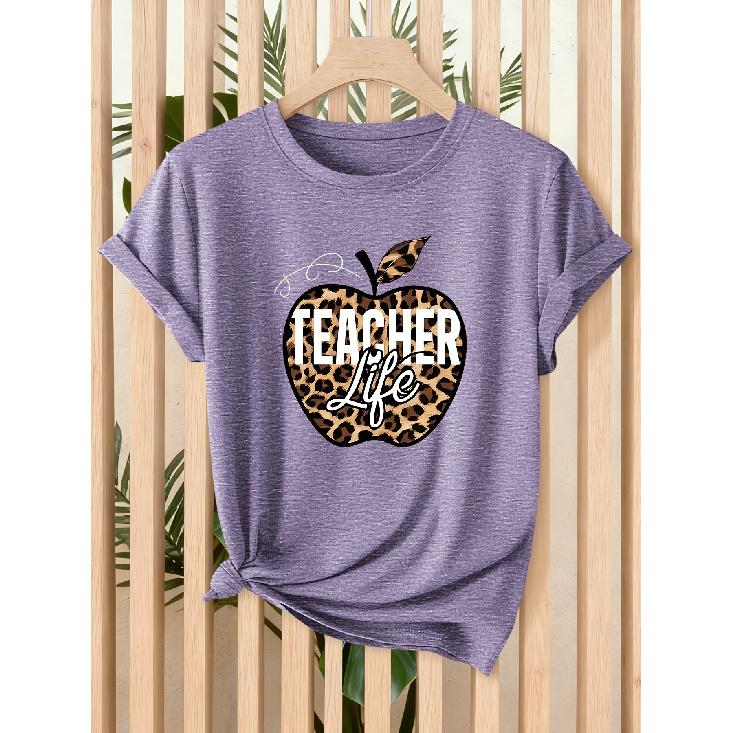 Leopard print Apple teacher life print for women T Shirt 2026 Spring and summer fashion short sleeves Casual loose-fitting slimming top for daily