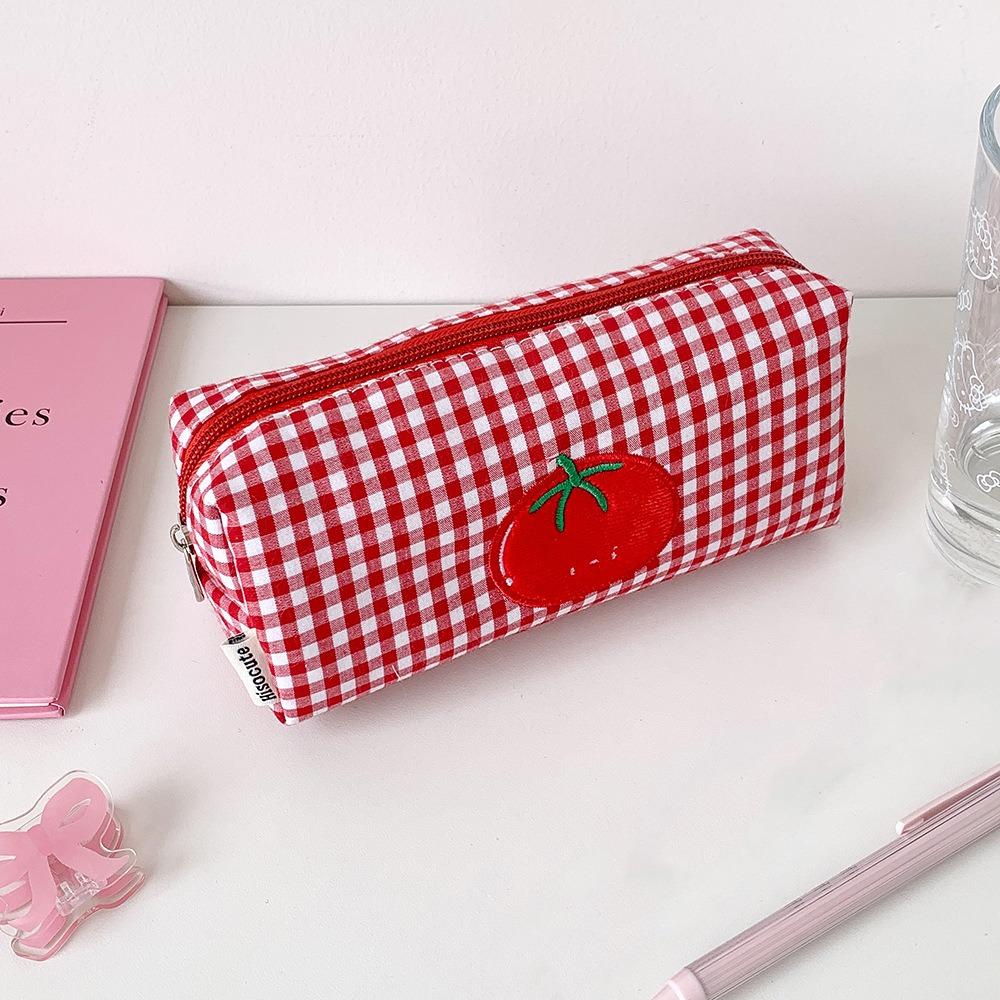 Tomato Gingham Makeup Bag Canvas Cosmetic Bag Cartoon Pencil Case  Students