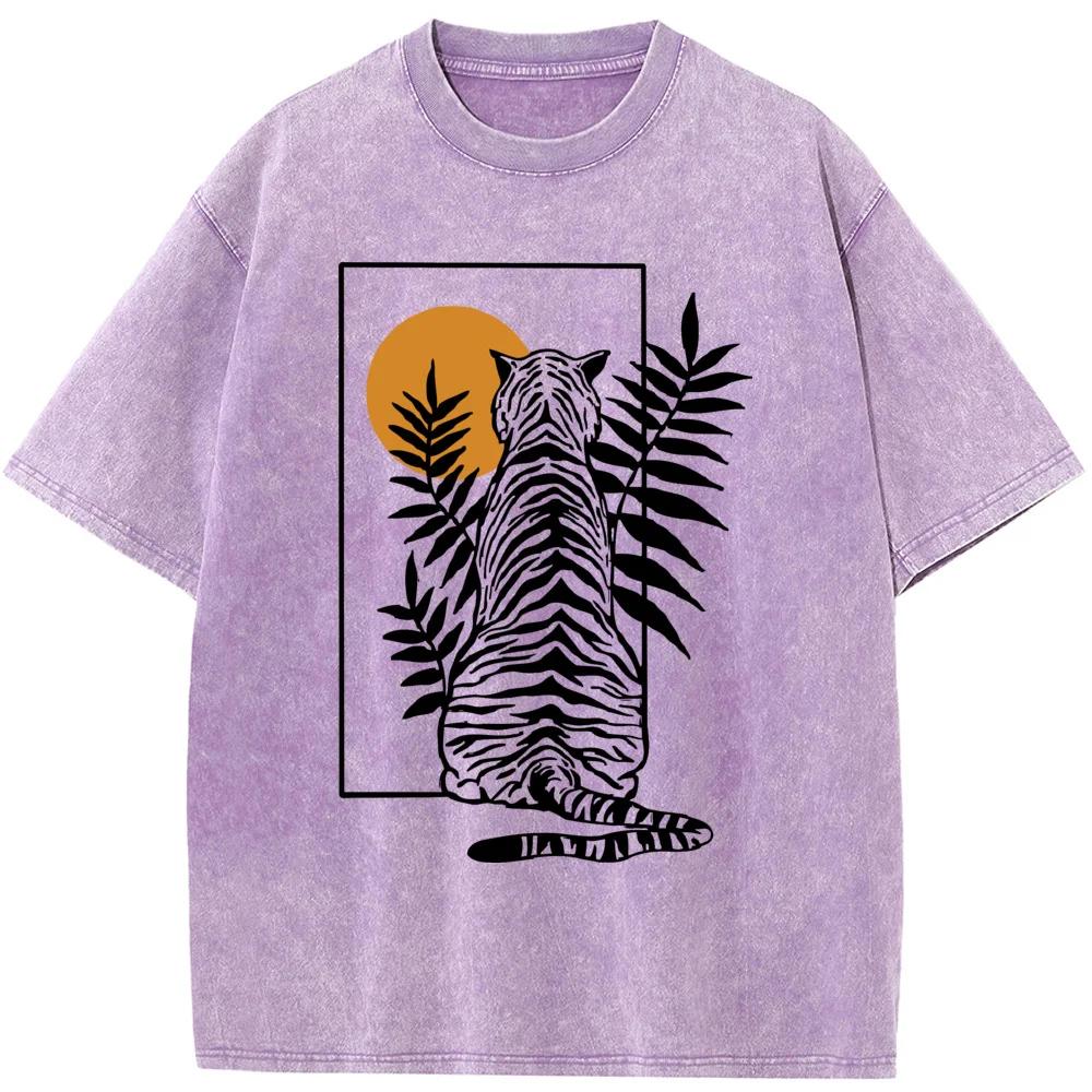 Men's Geometric Tiger Short-Sleeved Shirt  High-Quality Washed Old Tshirt Vintage Colored Mens T-shirts