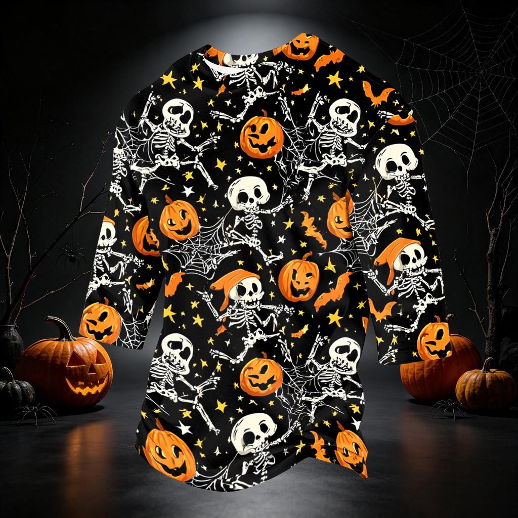 Men's Casual 3/4 Sleeve Round Neck T-Shirt with Halloween Print