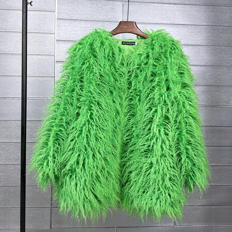 Korean Style Women's Tan Faux Lamb Wool Mid-Length Coat
