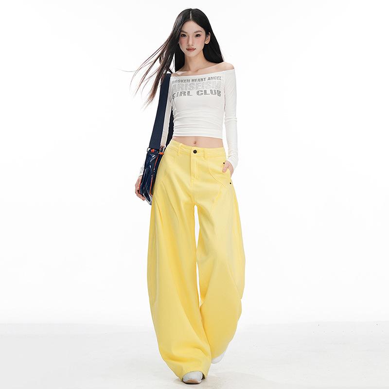 Women's American-Style Wide-Leg White Jeans: Autumn/Winter Pleated Casual Straight Floor-Length Pants
