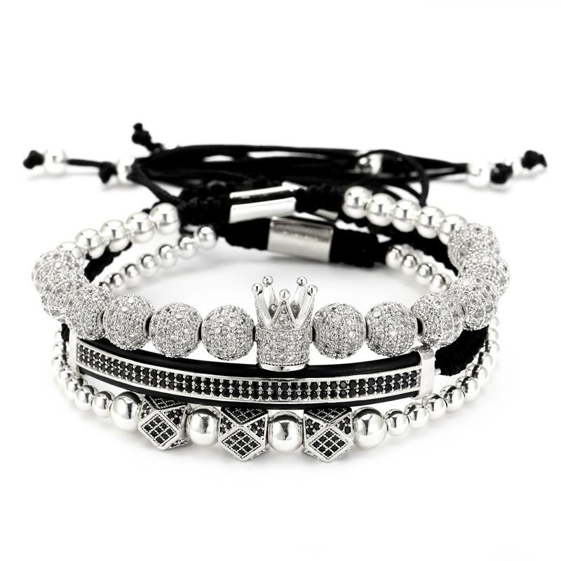 8Mm micro-inlaid zircon copper ball woven crown crescent geometric three-piece bracelet bracelet bracelet