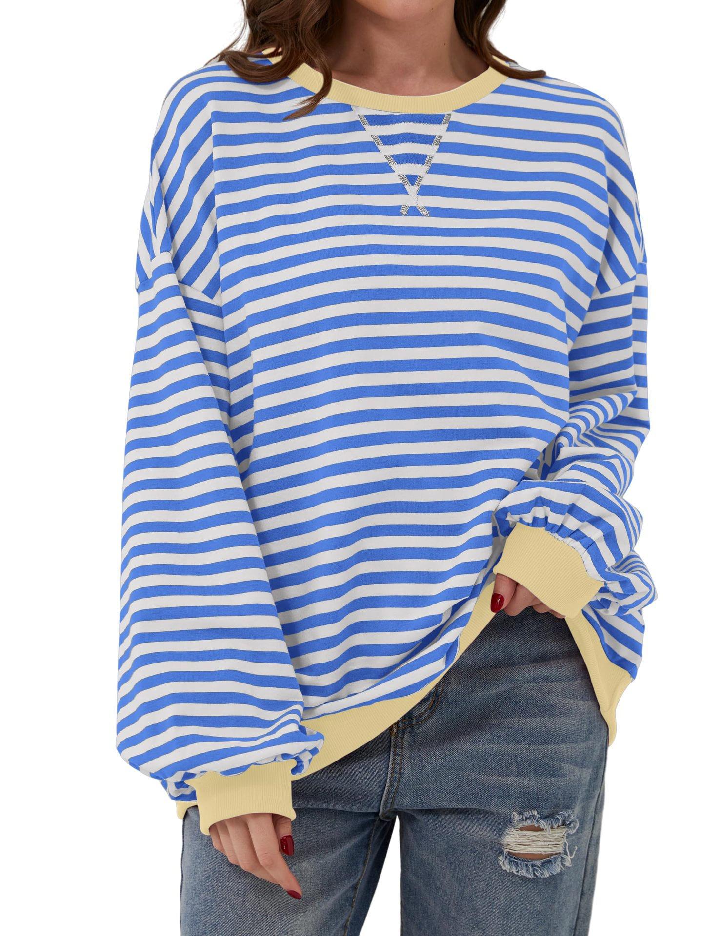 2026 Spring Striped Floral Round Neck Long Sleeve Color Block Hoodie L