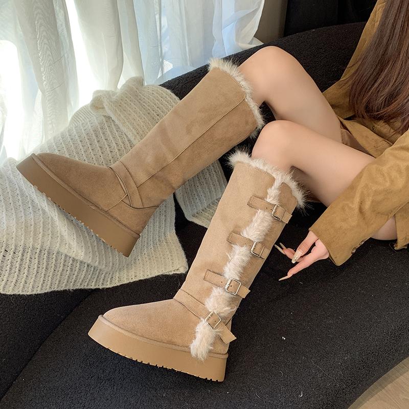 Metal Buckle Platform Snow Boots Winter New Round Head Bull Suede Platform Tall Shoes