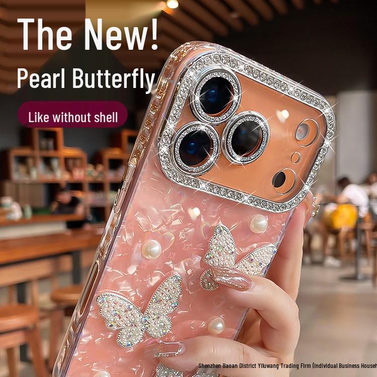 iPhone 17 Pro Max Pearl Butterfly Rhinestone Phone Case with Full Lens Coverage
