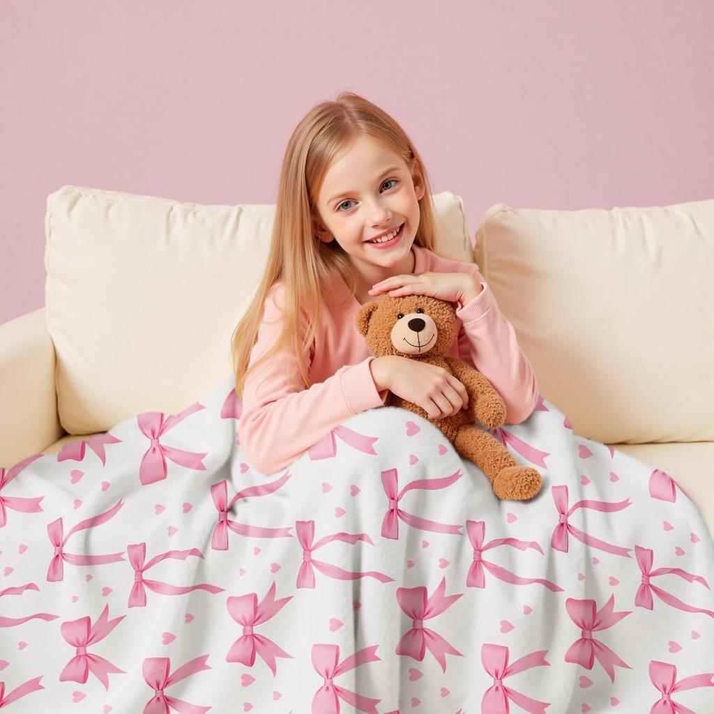 VIKAMA Pink Bow Blanket, Soft And Comfortable, Machine Washable, Suitable For Sofa Beds, Camping And Home Decoration