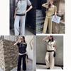 Womens Knit Polo Top Wide-Leg Pants Set 2025 Loose Fit Slimming Casual Outfit In Black Gray Camel