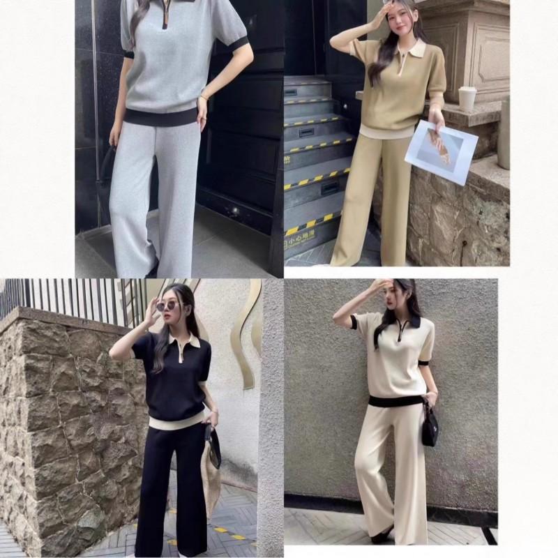 Womens Knit Polo Top Wide-Leg Pants Set 2025 Loose Fit Slimming Casual Outfit In Black Gray Camel