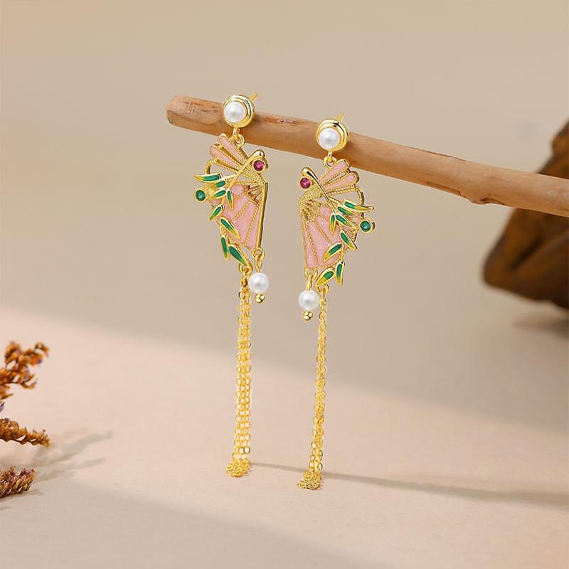 Winter Retro Fan Tassel Earrings: 925 Silver, Enamel & Pearl Ornaments