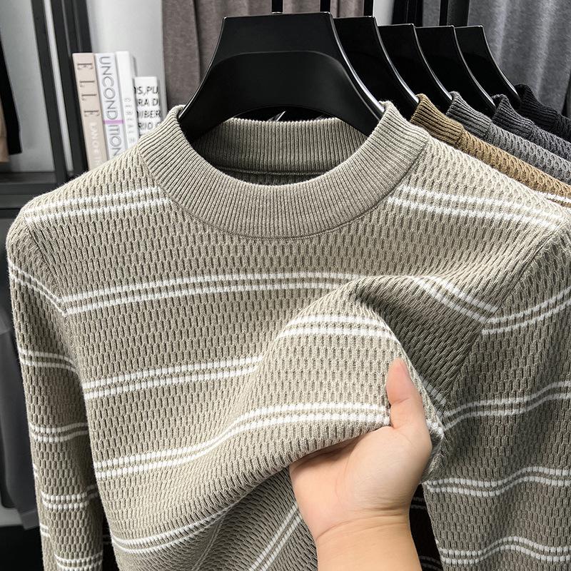 Men's Striped Knitwear: 2025 Autumn/Winter Collection - Stretchy, Thick, Versatile, Casual Round Neck Base Layer