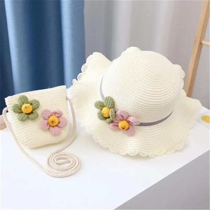 New 2 pcs Summertime Cute Children Straw Hat and Shoulder Bag Girls Outdoor Beach Cap Cute Bow Travel Beach Sun HatCrossbody Bag