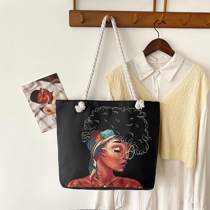 Versatile Women's Large Capacity Foldable Tote Bag with Zipper - Cross-Border Fashion, Printed Single-Shoulder, Perfect for Shopping or Beach.
