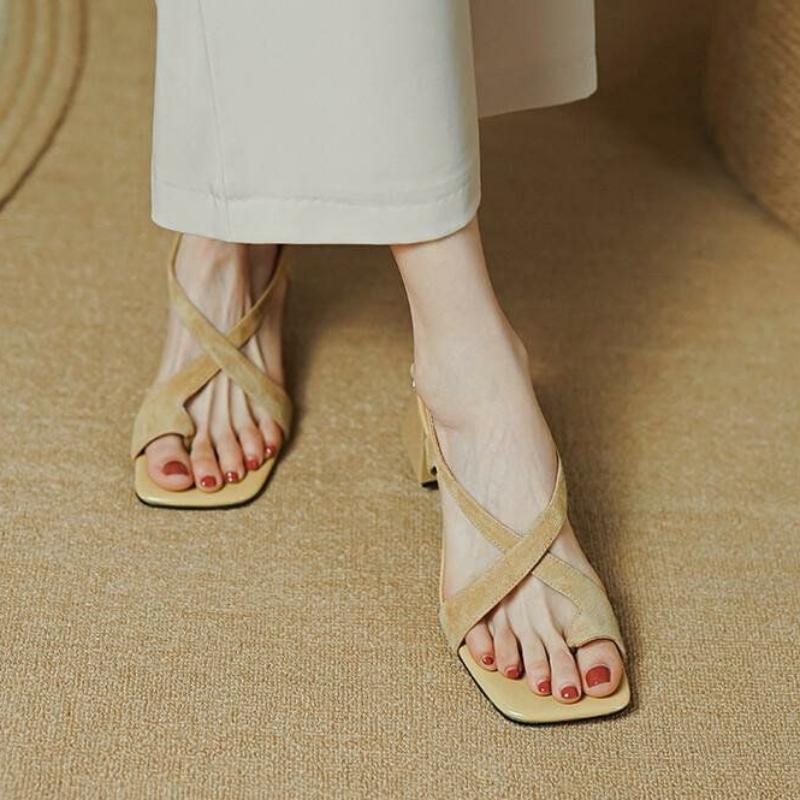 Footwear Square Heels Women's Shoes Beach Sandals for Woman One Word Summer 2024 Blue Medium New Breathable Fashion Vip Sale F H