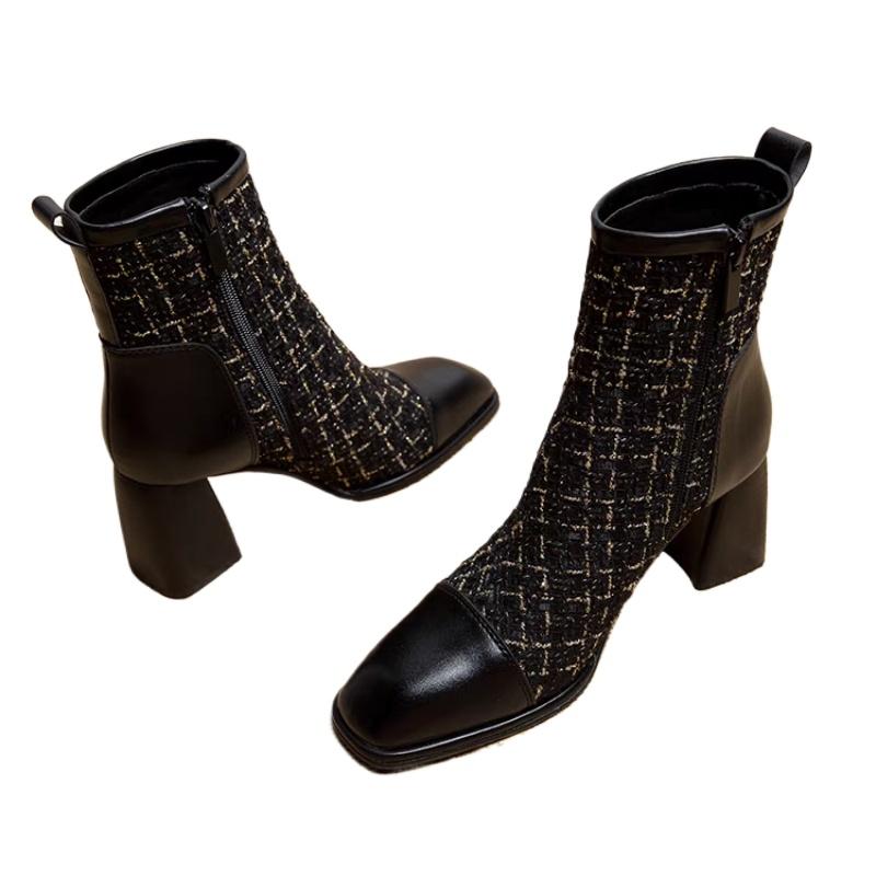 Мода 2024 Зима Новые Тупой носок Маленький ароматный стиль Сборка Боковая молния — фото 6