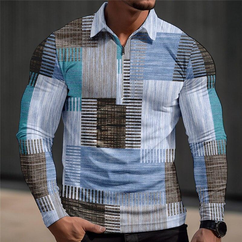 Stylish Men's Long Sleeve Polo Shirt with Plaid Trim, Casual Daily Wear Top