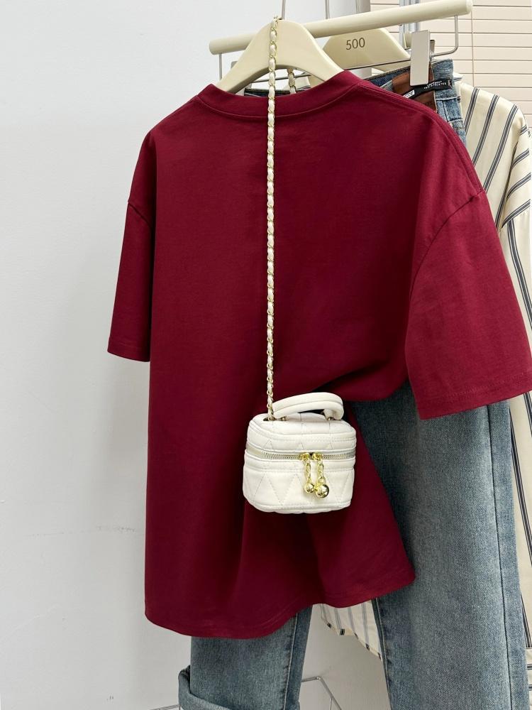 Unisex Wine Red Cotton Print Short-Sleeve T-Shirt, 2026 New Year Loose Fit, Plus Size, Round Neck, Trendy Style