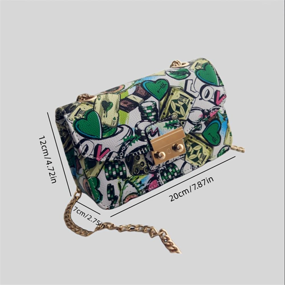 [Geometric Crossbody Bag] Vibrant Red/Black Women's Crossbody Bag - Geometric Pattern with LOVE Design, Chain Strap, Flap Closure, Crossbody Purse