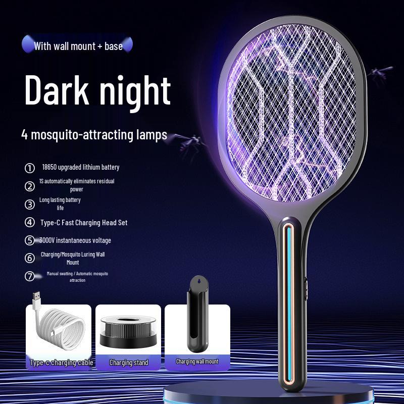 Rechargeable Electric Mosquito Swatter & Lamp with Wall-Mounted Charger and Automatic Luring Repellent.