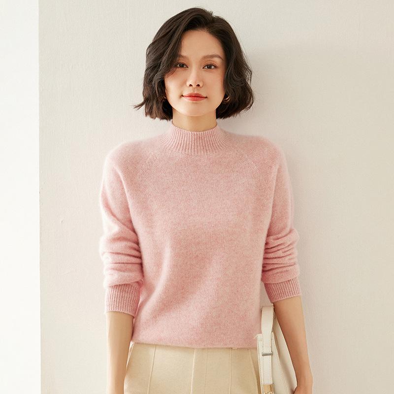 Women's Cashmere Raglan Sleeve Slim Fit Sweater - Half High Neck, Thickened, Solid Color, Versatile Knitted Top.