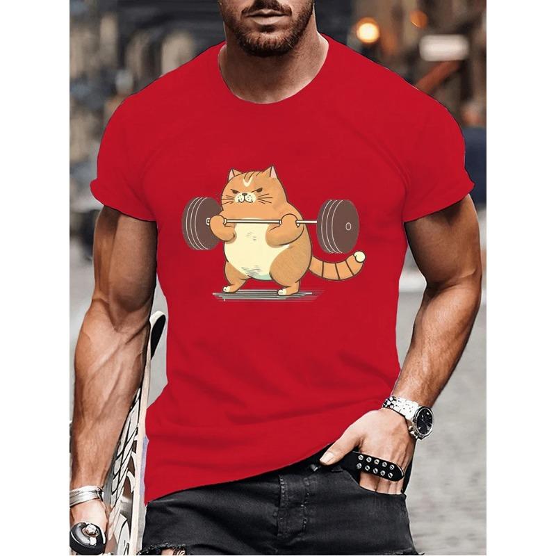 Summer Round Neck Funny Cat Weightlifting Graphic 3D Print Top Sports and Fitness T-shirts Fashionable Casual Short Sleeved Men's T-shirts