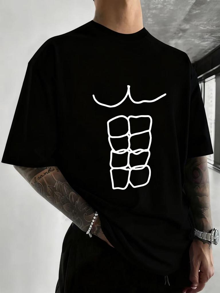 Men'S Casual Abdominal Muscle Sketch T-Shirt, Short-Sleeved, Summer Top, Round Neck, Unisex Fashion T-Shirt for Adults
