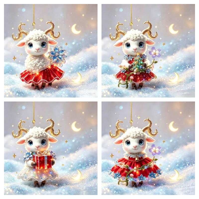 Shining 2D Flat Rhinestone Embossed Goat Pendant Bag Charm Christmas Tree Ornament