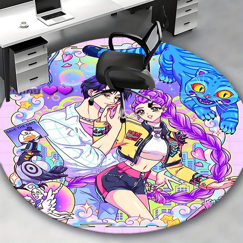 1pc Anime Cartoon Design Round Carpet  Office Chair Mat, NonSlip Rug for Home Decor, Living Room, Bedroom, Game Room