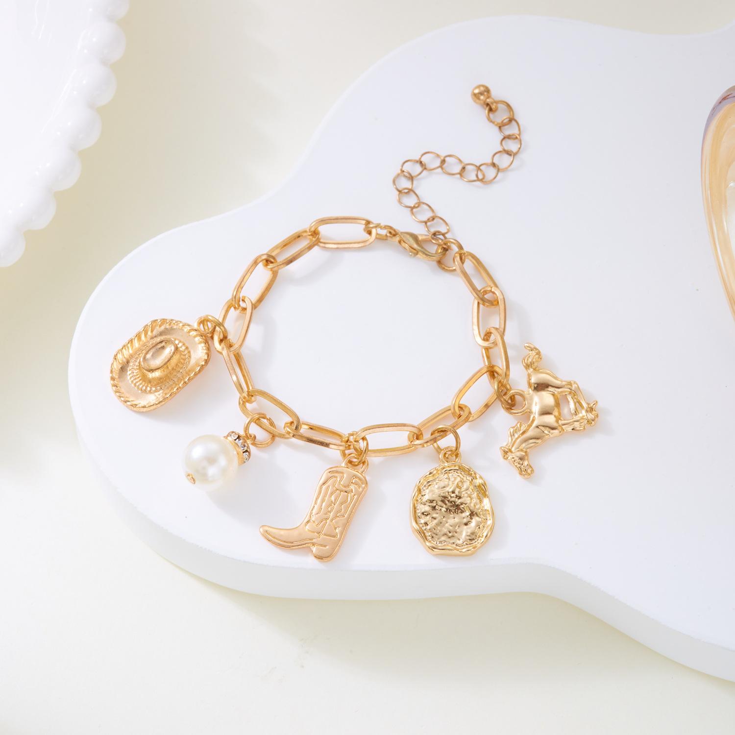 European and American jewelry Bohemian west cowboy hat boots horse pearl pendant necklace bracelet set