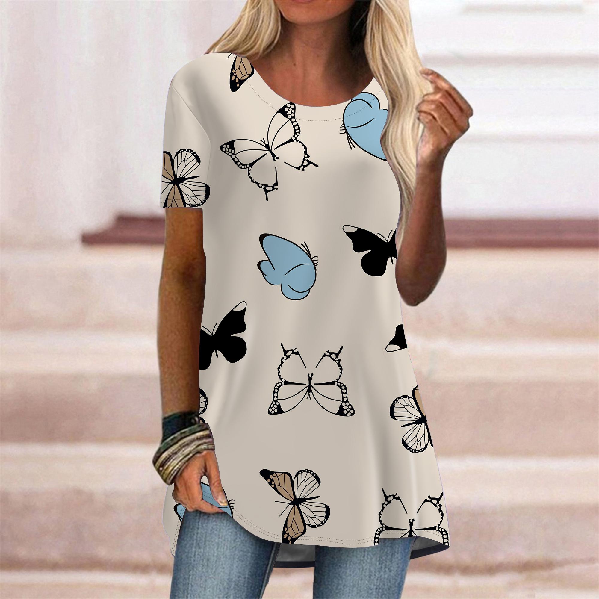 

Плюс размер женская летняя розовая бабочка с принтом удобная футболка с коротким рукавом и круглым воротником повседневные мешковатые футболки средней длины 8XL бежевый