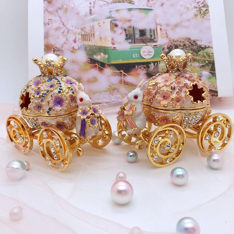 Rabbit Carriage Enamel Exquisite Jewelry Box Craft Alloy Jewelry Box Practical Birthday Gift Ornament for Girls